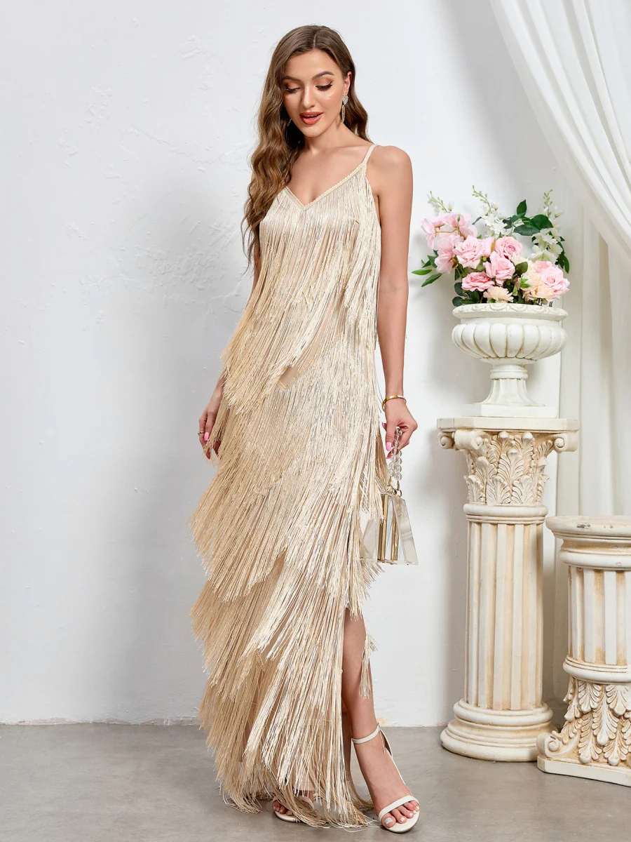 Sleeveless Sexy Banquet Camisoles Tassel Maxi Dresses - Image 5