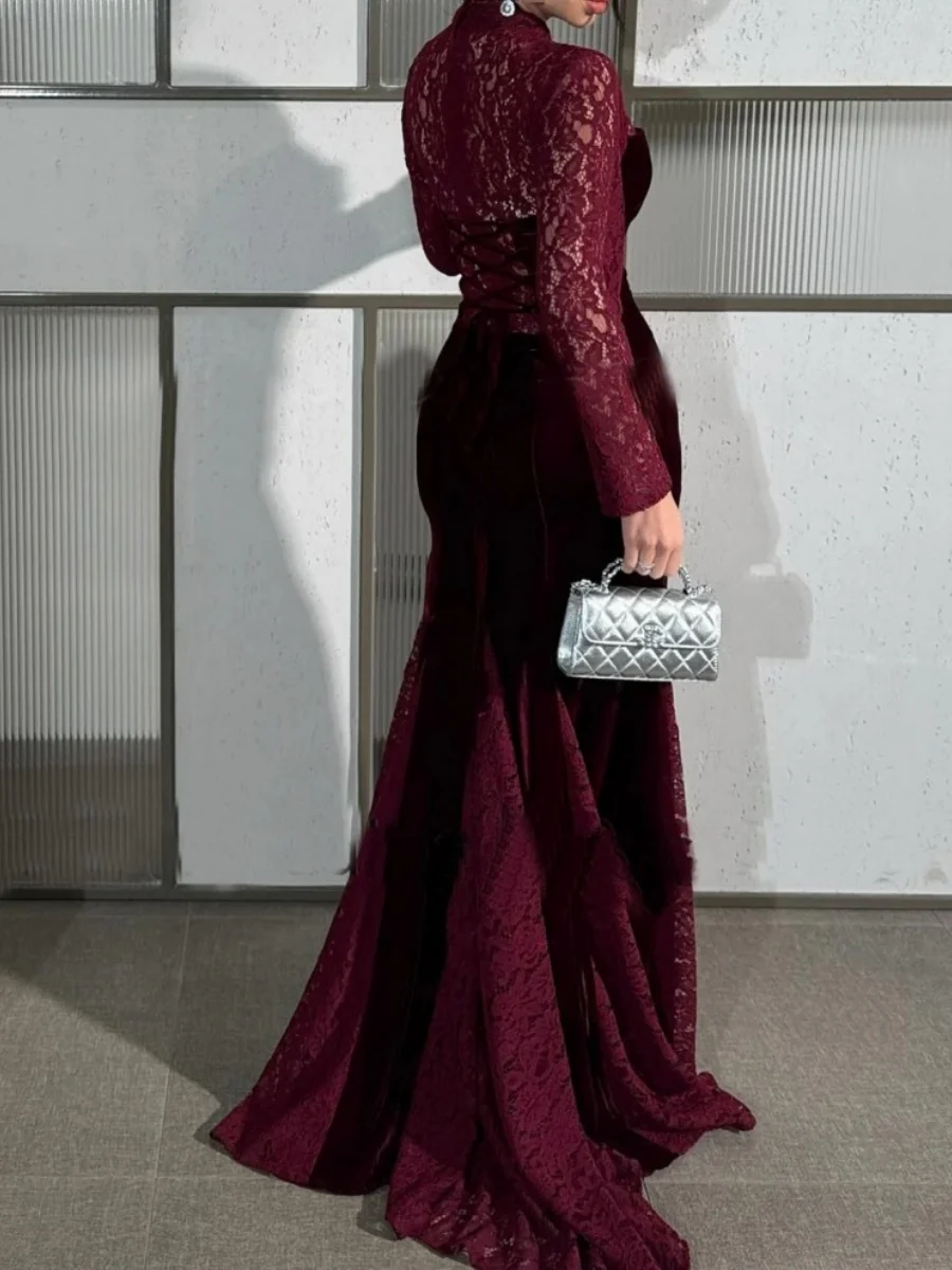 Burgundy Lace Long Sleeve Fishtail Evening Dress Maxi Dresses - Image 2