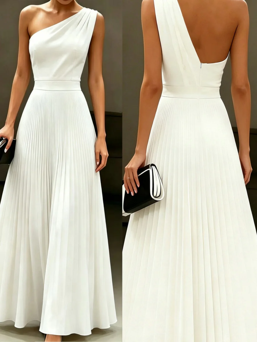 One Shoulder White Grace Pleats Formal Dress Maxi Dresses - Image 2