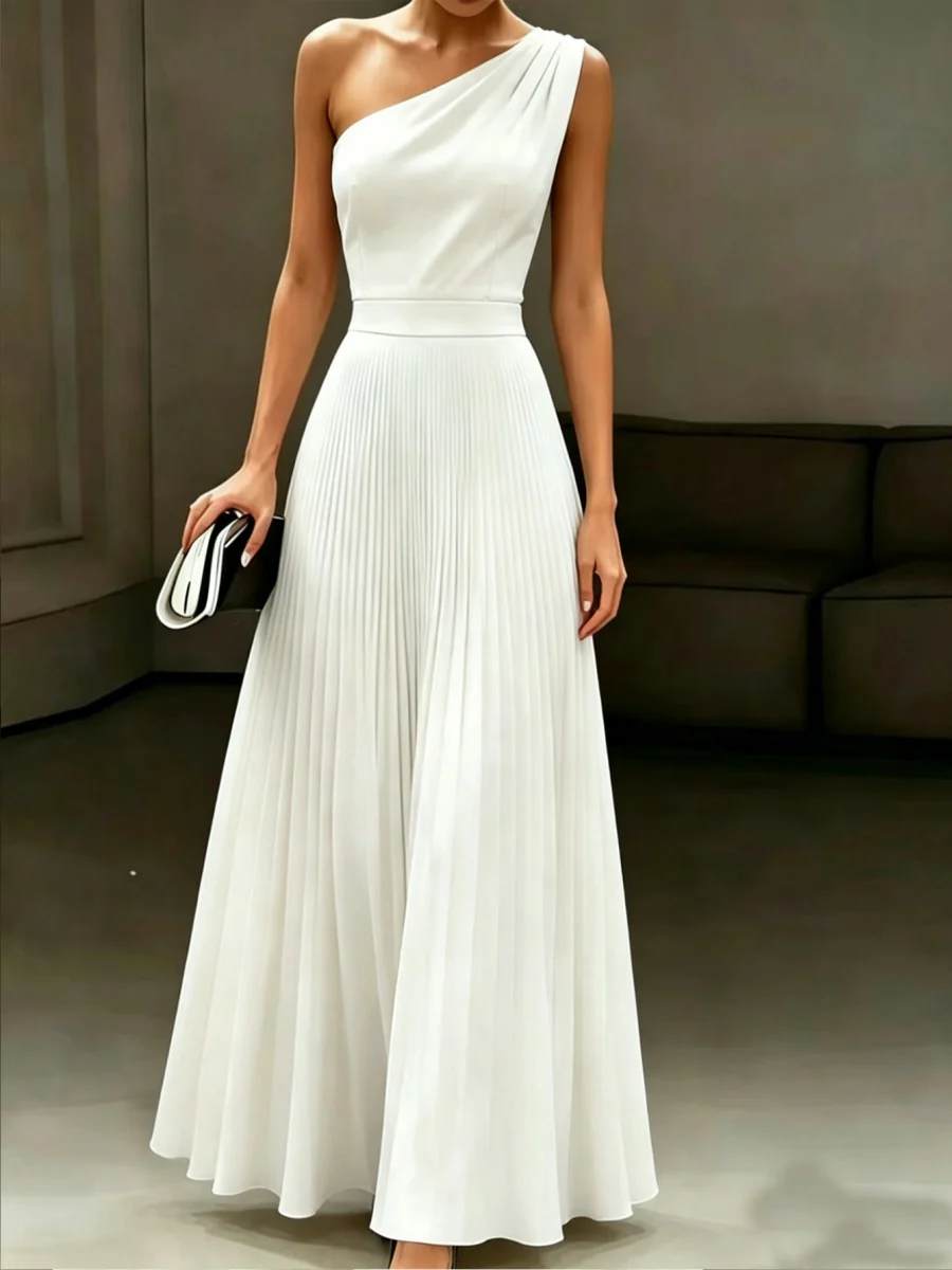 One Shoulder White Grace Pleats Formal Dress Maxi Dresses - Image 3