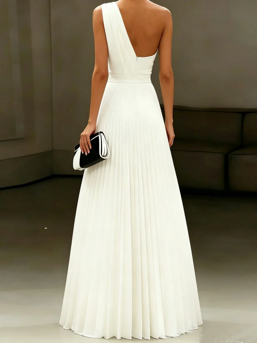 One Shoulder White Grace Pleats Formal Dress Maxi Dresses - Image 4