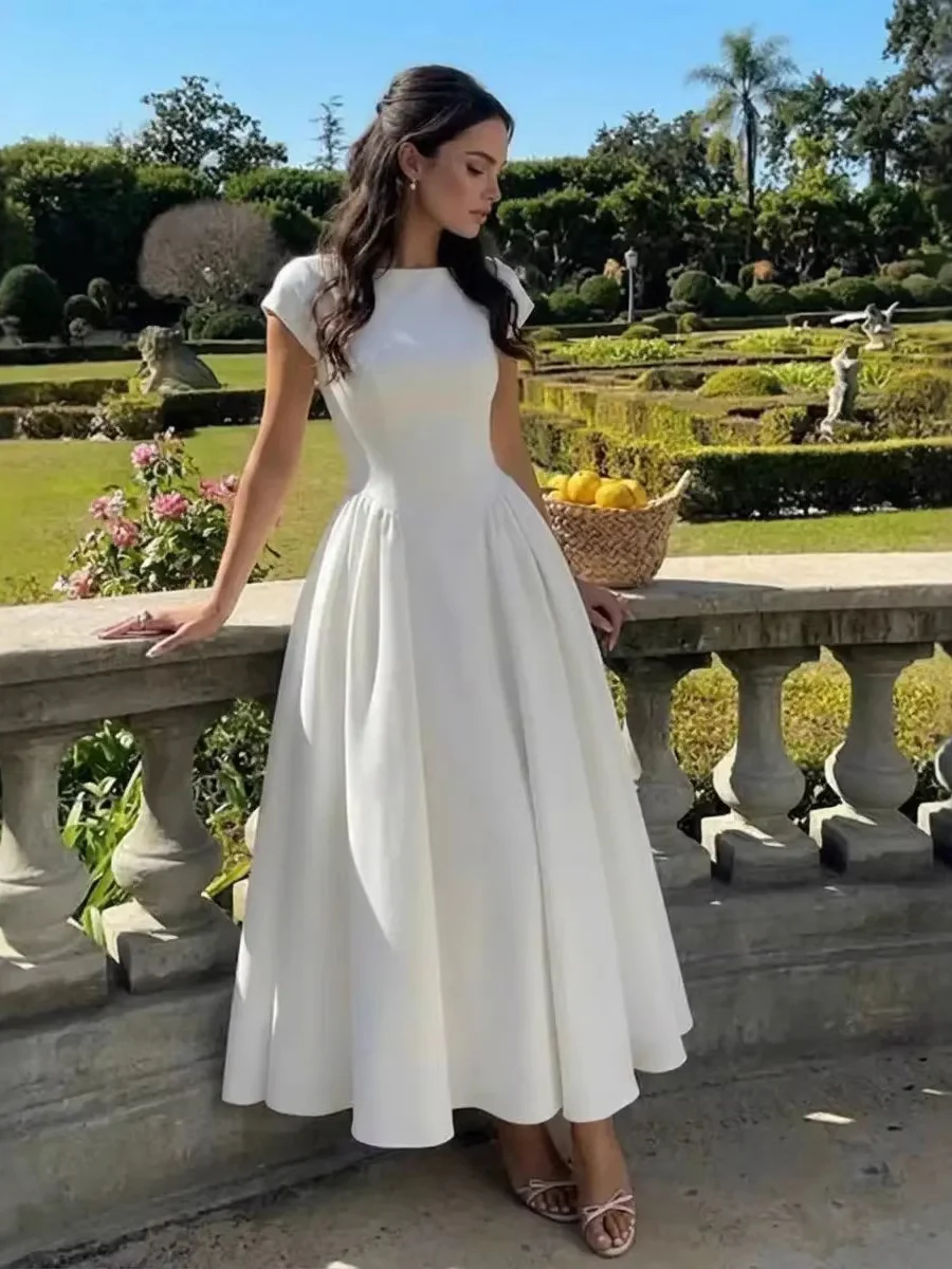 Temperament Crew Neck White Grace Waist Maxi Dresses - Image 2