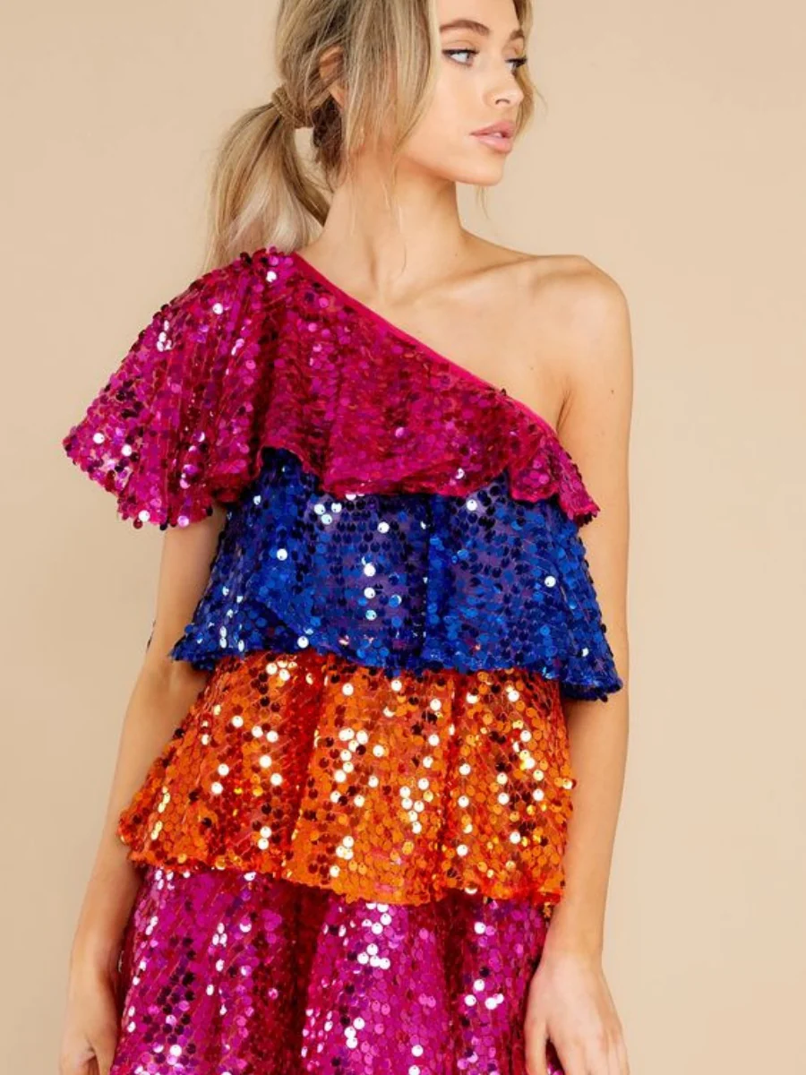 Sequins Off-shoulder Sleeveless Splicing Three Colors Overlaid Cake Skirt Evening Gown Maxi Dresses - Image 3