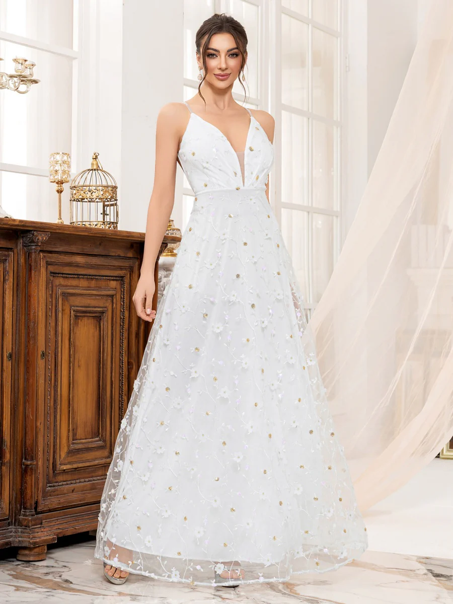Deep V-neck Wedding Dress Applique Multi-story Maxi Dresses - Image 8