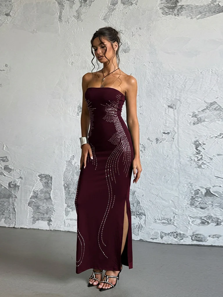 Angel Wings Slimming Rhinestone Strapless Long Dress - Image 11