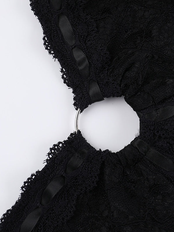 Black Lace Long-sleeved Jumpsuit Shorts - Image 10