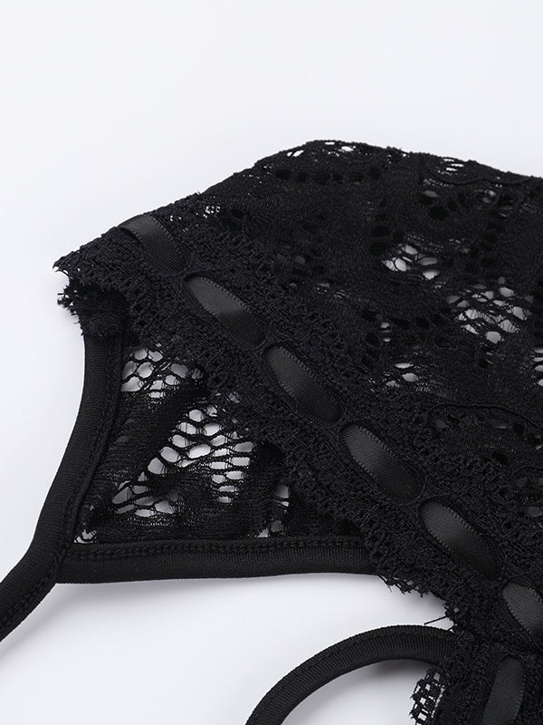 Black Lace Long-sleeved Jumpsuit Shorts - Image 11