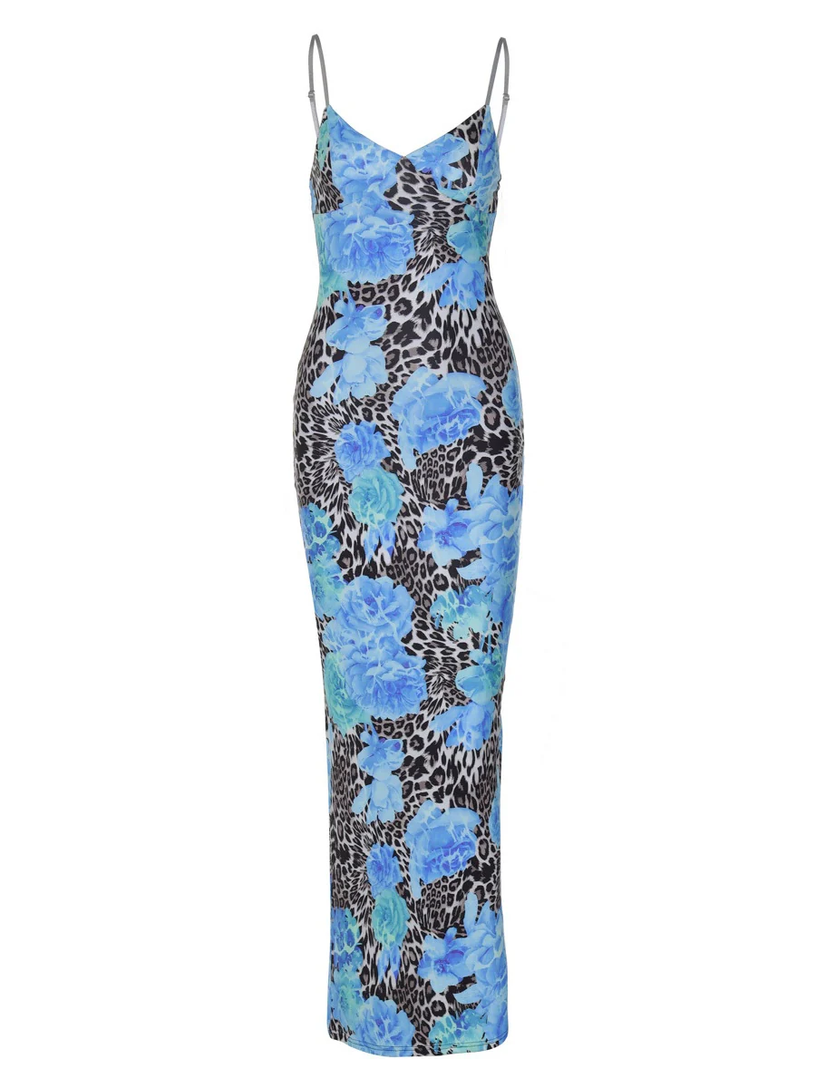 Fitted Floral Leopard Print Halter Maxi Dress - Image 9