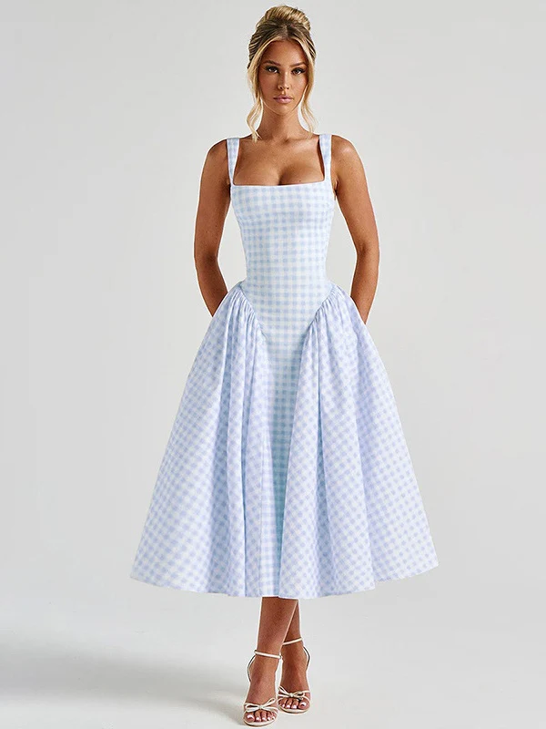 Plaid Print, Fitted Waist, Sexy Backless Halter Maxi Dress - Image 12