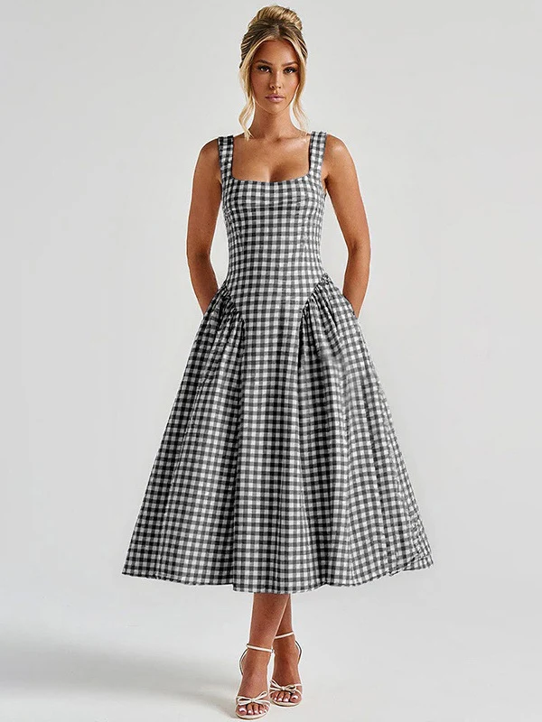 Plaid Print, Fitted Waist, Sexy Backless Halter Maxi Dress - Image 14