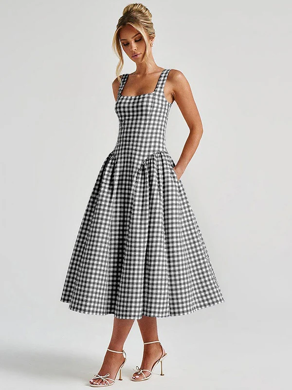 Plaid Print, Fitted Waist, Sexy Backless Halter Maxi Dress - Image 16