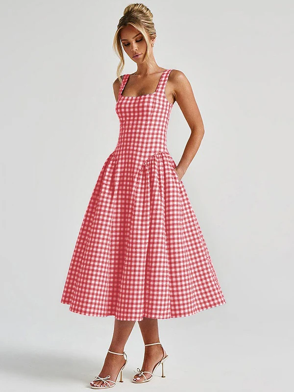 Plaid Print, Fitted Waist, Sexy Backless Halter Maxi Dress - Image 17