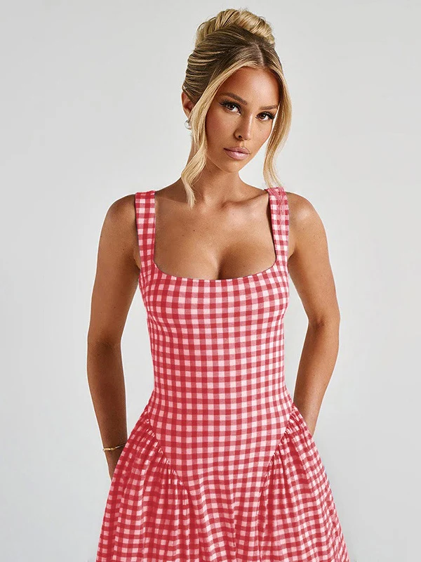 Plaid Print, Fitted Waist, Sexy Backless Halter Maxi Dress - Image 18