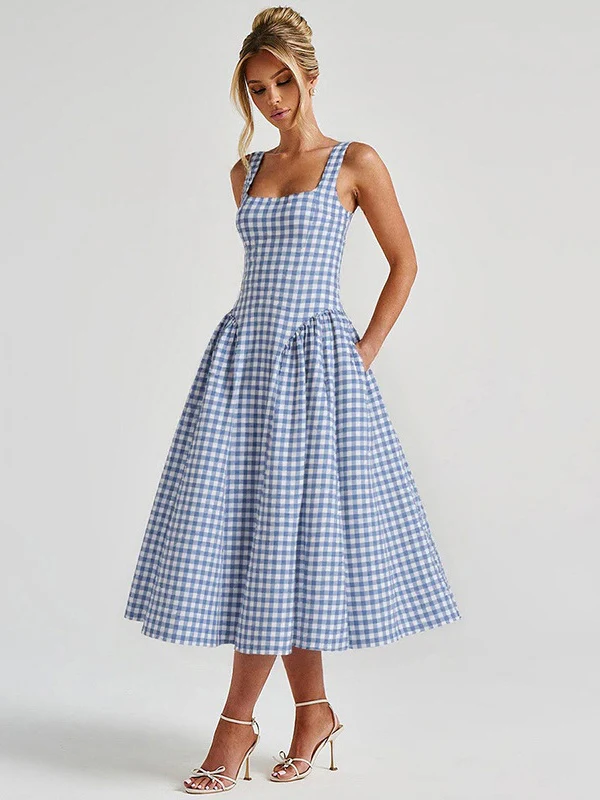 Plaid Print, Fitted Waist, Sexy Backless Halter Maxi Dress - Image 19