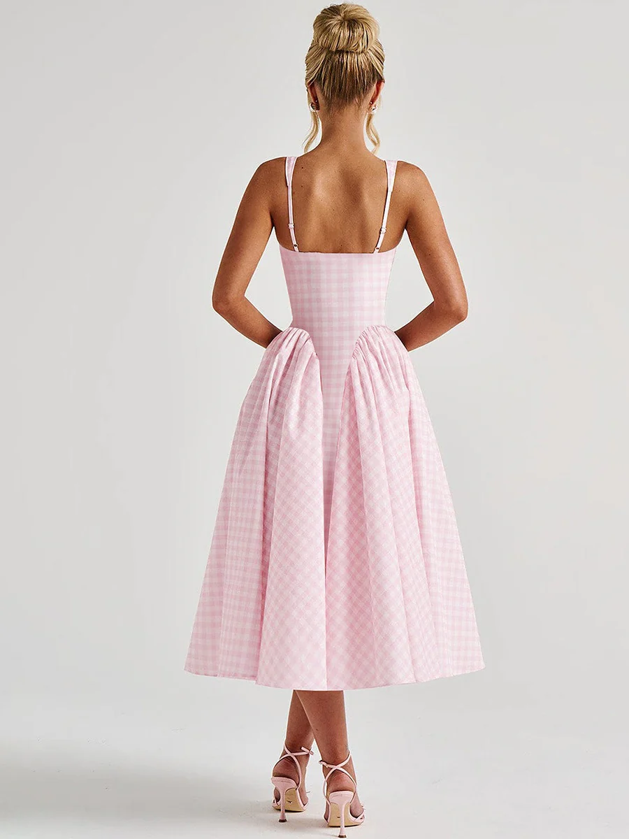 Plaid Print, Fitted Waist, Sexy Backless Halter Maxi Dress - Image 2