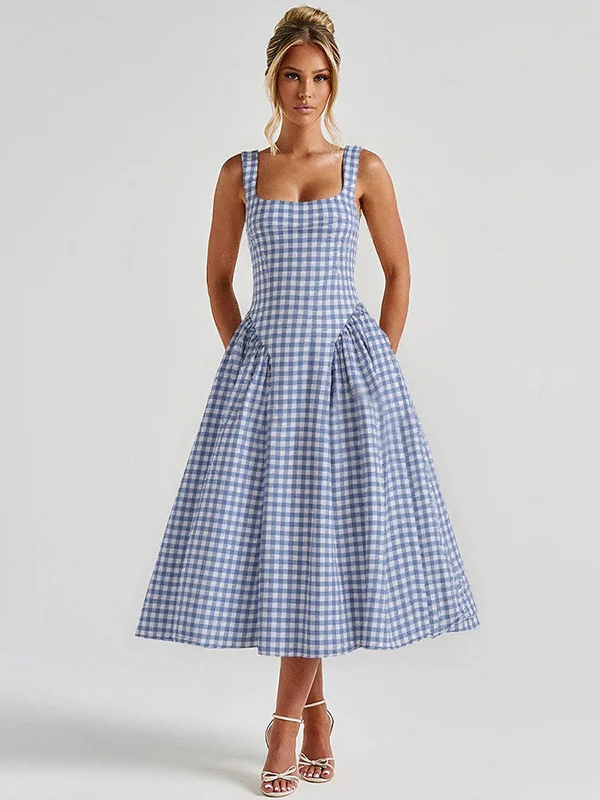 Plaid Print, Fitted Waist, Sexy Backless Halter Maxi Dress - Image 20