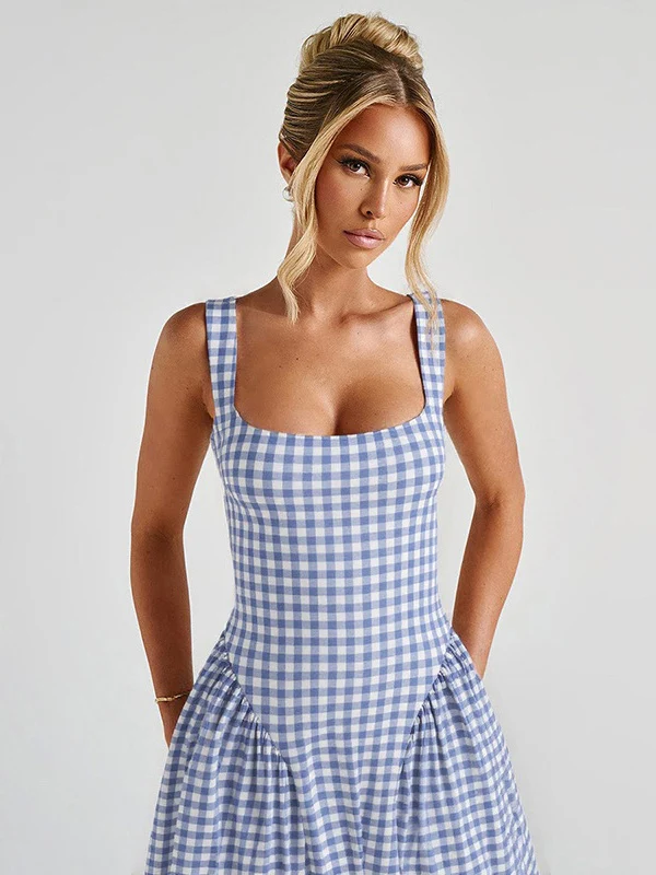 Plaid Print, Fitted Waist, Sexy Backless Halter Maxi Dress - Image 21