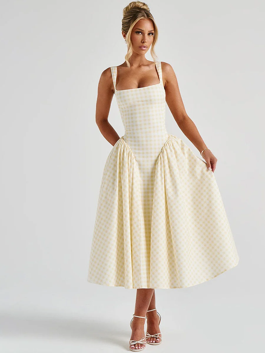 Plaid Print, Fitted Waist, Sexy Backless Halter Maxi Dress - Image 9