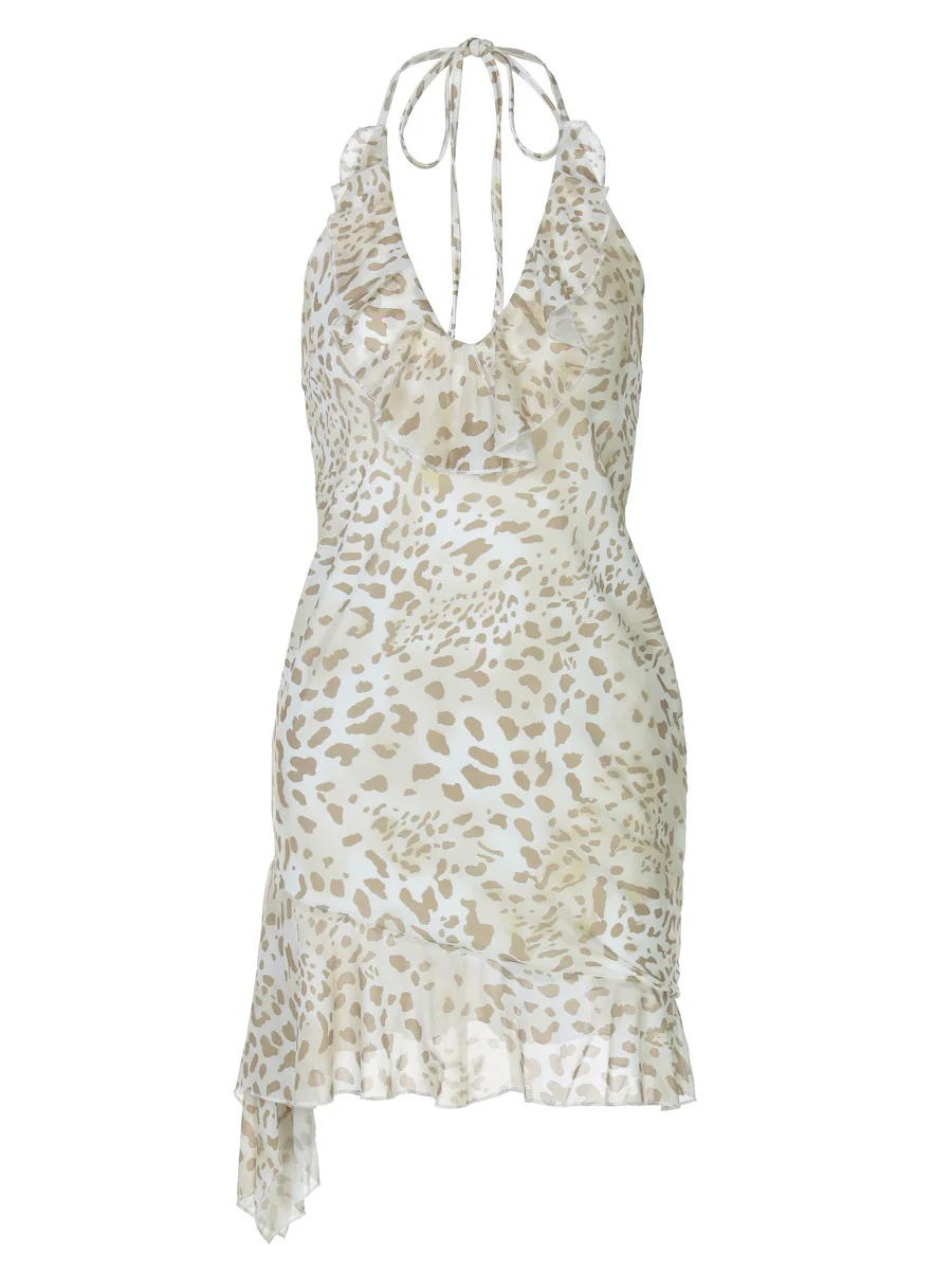 Leopard Print Sexy Deep V Bodycon Halter Neck Short Dress With Ruffled Trim - Image 8