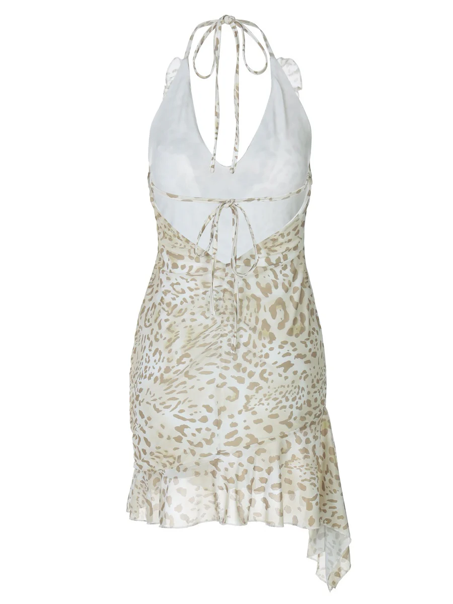 Leopard Print Sexy Deep V Bodycon Halter Neck Short Dress With Ruffled Trim - Image 9
