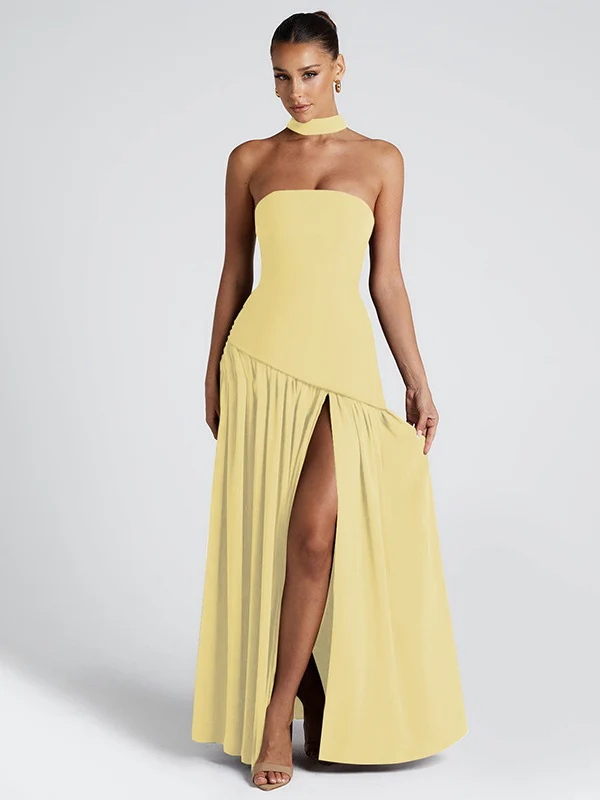 Strapless, Fitted, Solid Color, Open Back, Elegant Long Dress With Ribbons - Image 12