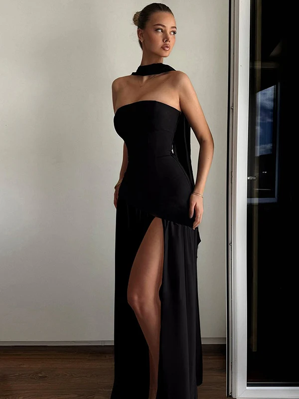 Strapless, Fitted, Solid Color, Open Back, Elegant Long Dress With Ribbons - Image 21