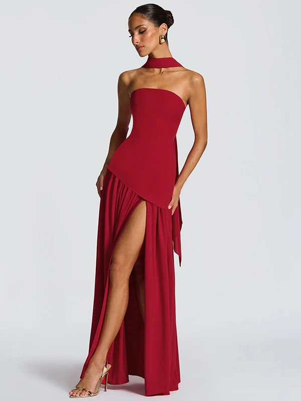 Strapless, Fitted, Solid Color, Open Back, Elegant Long Dress With Ribbons - Image 25