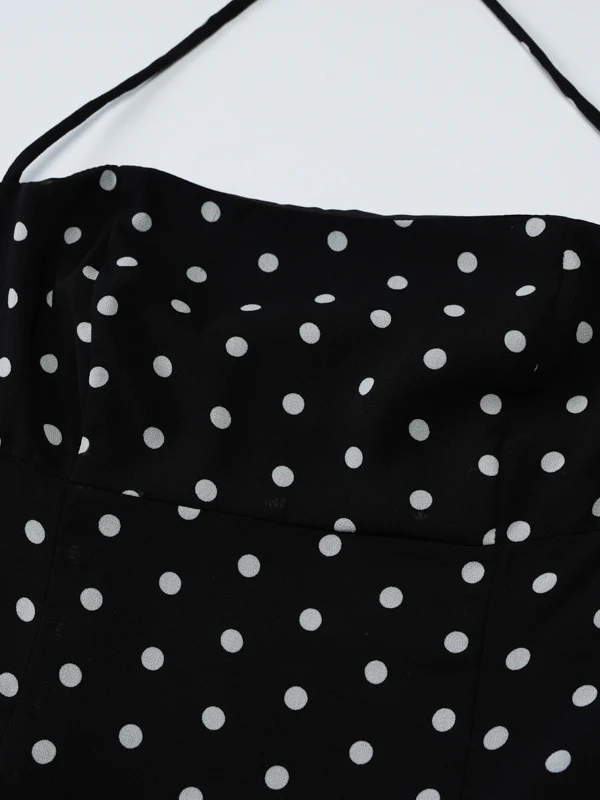 Polka Dot Print Fitted Waist Strapless Halter Neck Short Dress - Image 11