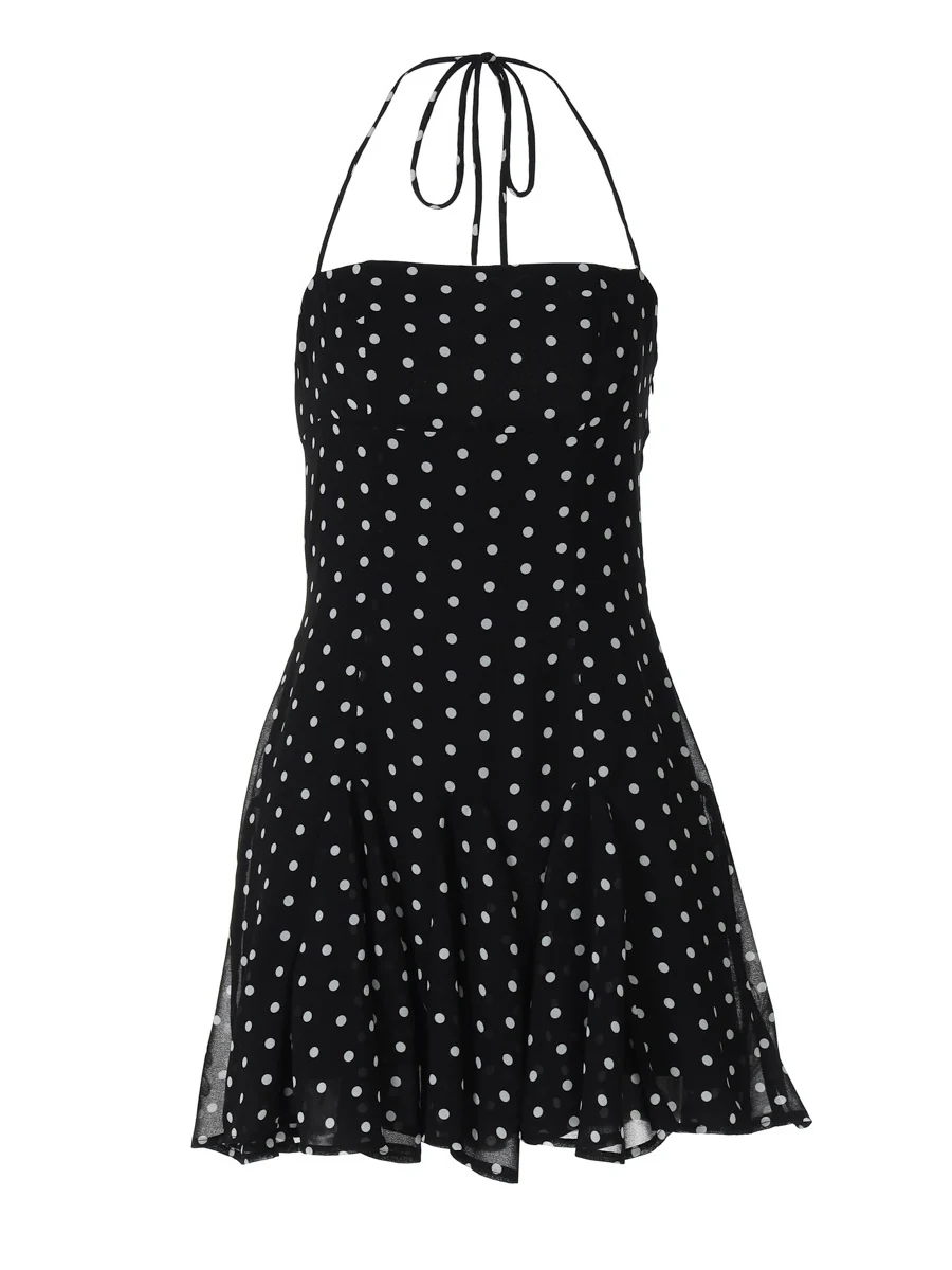 Polka Dot Print Fitted Waist Strapless Halter Neck Short Dress - Image 16