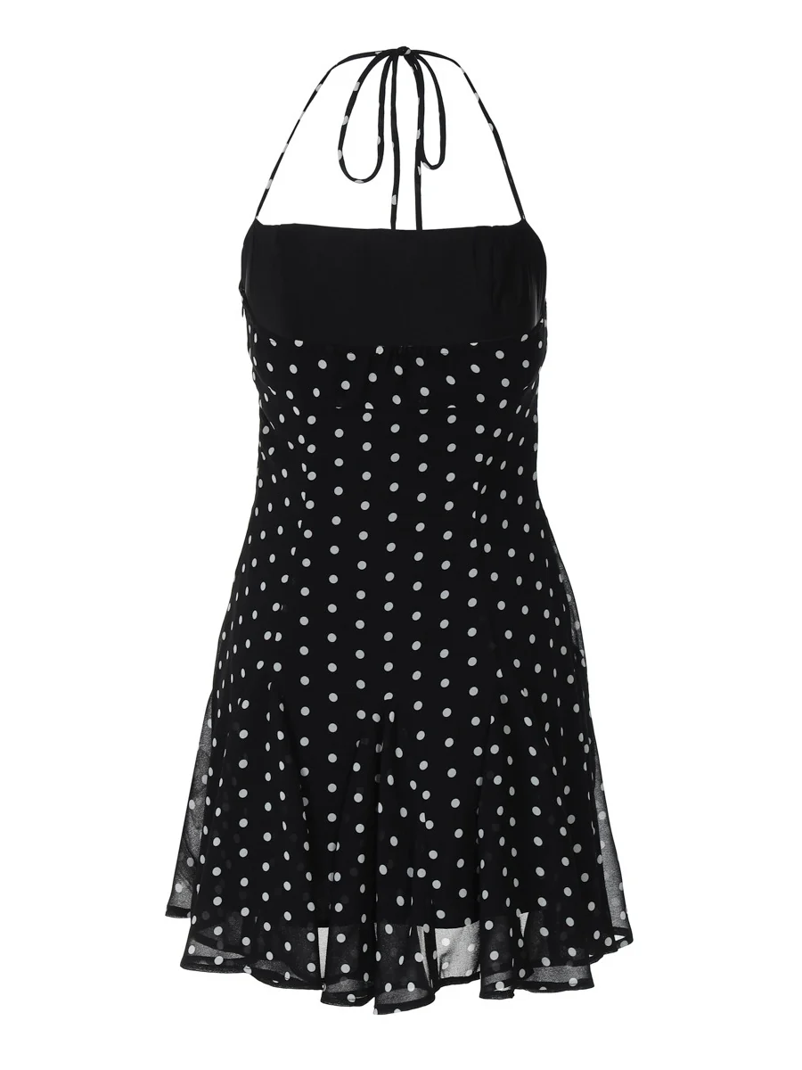 Polka Dot Print Fitted Waist Strapless Halter Neck Short Dress - Image 17