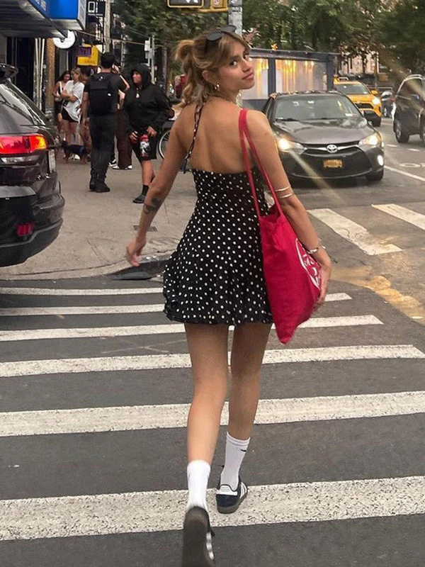 Polka Dot Print Fitted Waist Strapless Halter Neck Short Dress - Image 2
