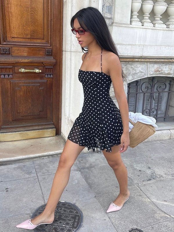 Polka Dot Print Fitted Waist Strapless Halter Neck Short Dress - Image 3