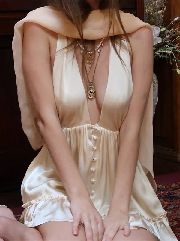 Deep V-neck Backless Fitted Satin Halter Neck Short Dress - Image 2
