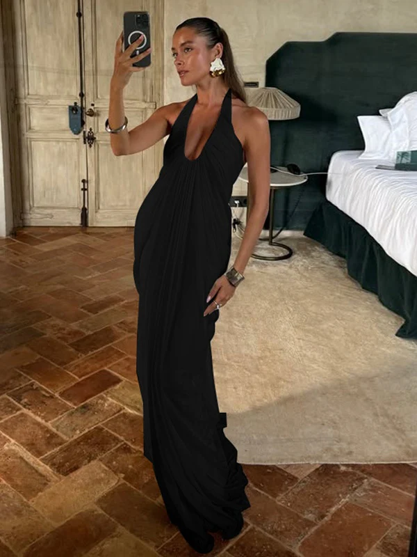 Loose-fitting, Backless, Sleeveless, V-neck, Pleated Halter-neck Mesh Long Dress - Image 12