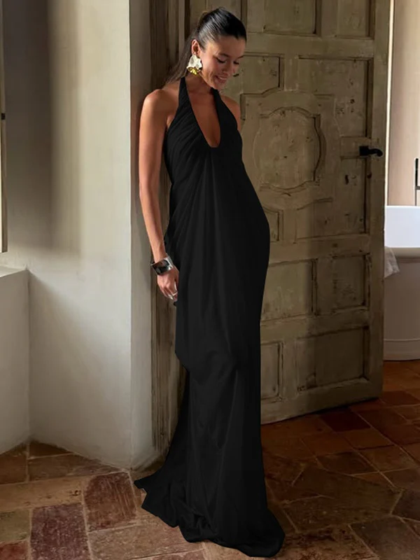 Loose-fitting, Backless, Sleeveless, V-neck, Pleated Halter-neck Mesh Long Dress - Image 13