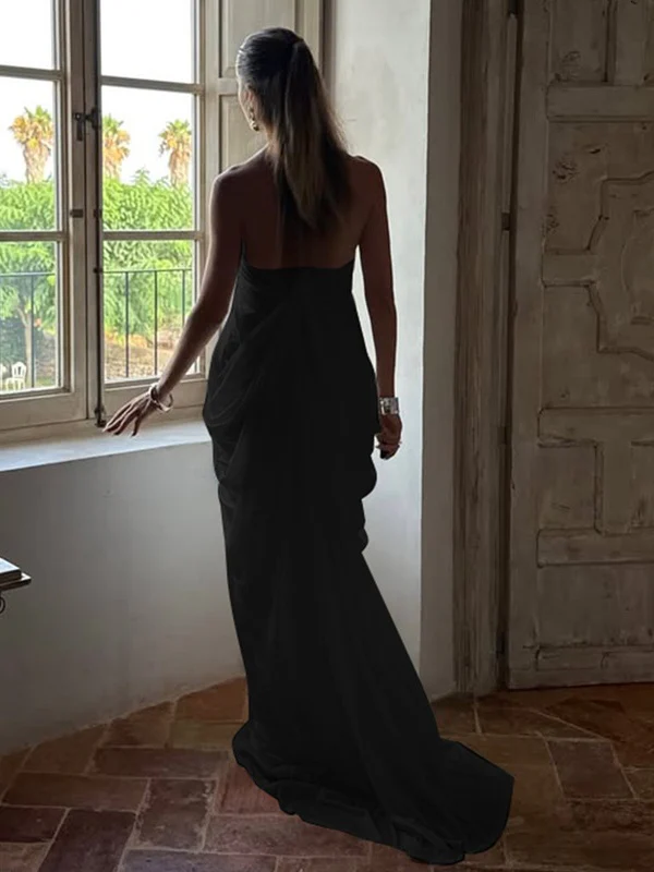 Loose-fitting, Backless, Sleeveless, V-neck, Pleated Halter-neck Mesh Long Dress - Image 15