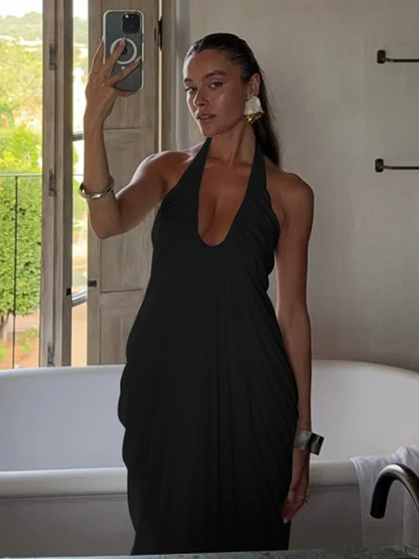 Loose-fitting, Backless, Sleeveless, V-neck, Pleated Halter-neck Mesh Long Dress - Image 16