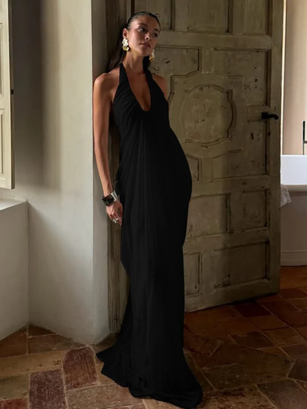 Loose-fitting, Backless, Sleeveless, V-neck, Pleated Halter-neck Mesh Long Dress - Image 17