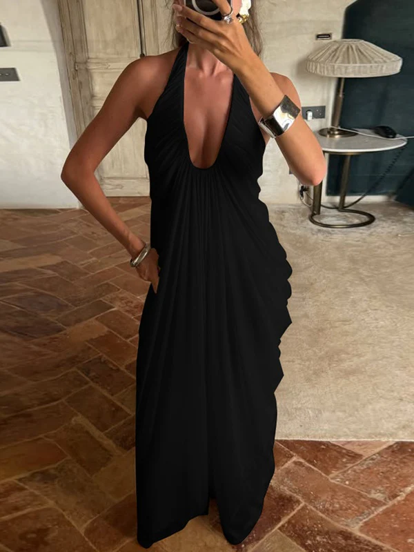 Loose-fitting, Backless, Sleeveless, V-neck, Pleated Halter-neck Mesh Long Dress - Image 18