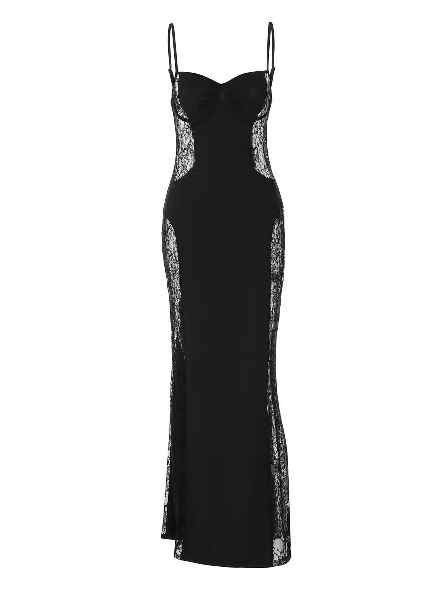 Patchwork Lace Hollow-out Waist-cinching Hip-hugging Spaghetti Strap Long Dress - Image 15
