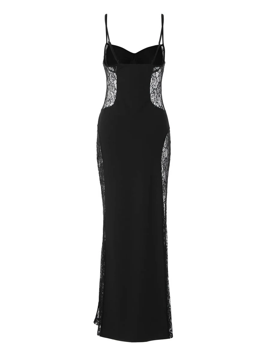 Patchwork Lace Hollow-out Waist-cinching Hip-hugging Spaghetti Strap Long Dress - Image 16
