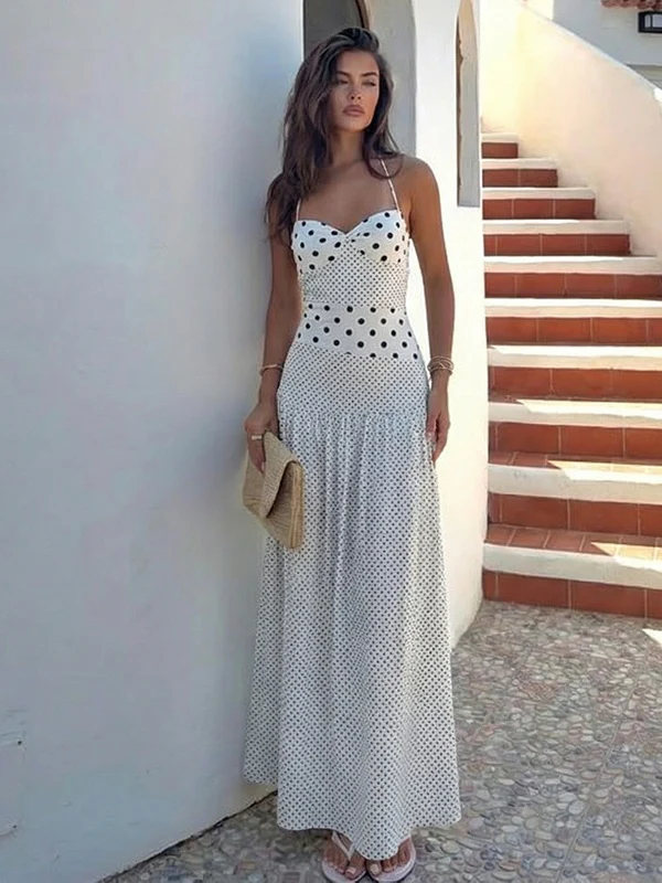 Polka Dot Retro Pleated Long Dress With A Halter Neck - Image 7
