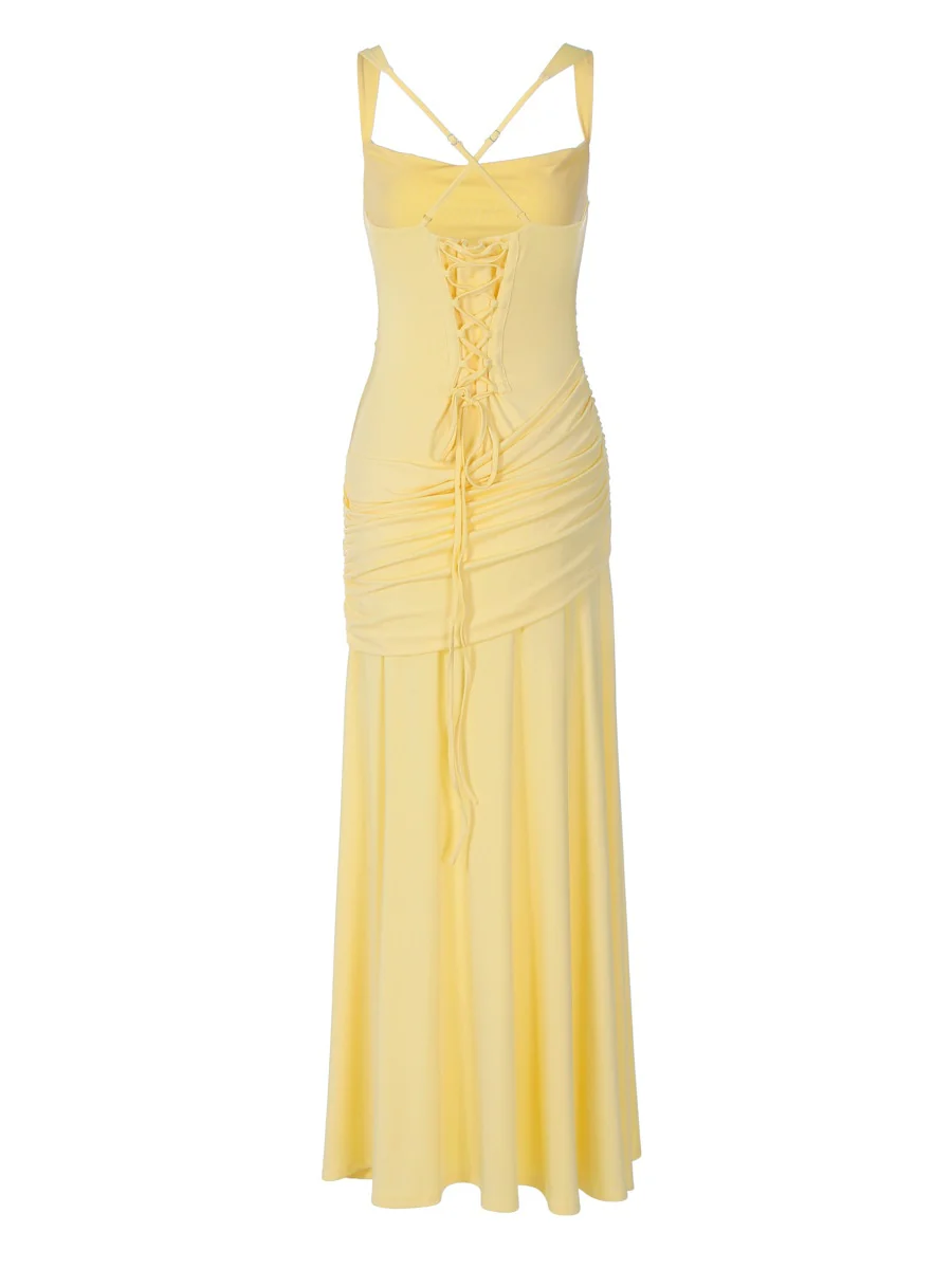 Solid Color Sleeveless Long Bodycon Dress With Back Tie Design - Image 11