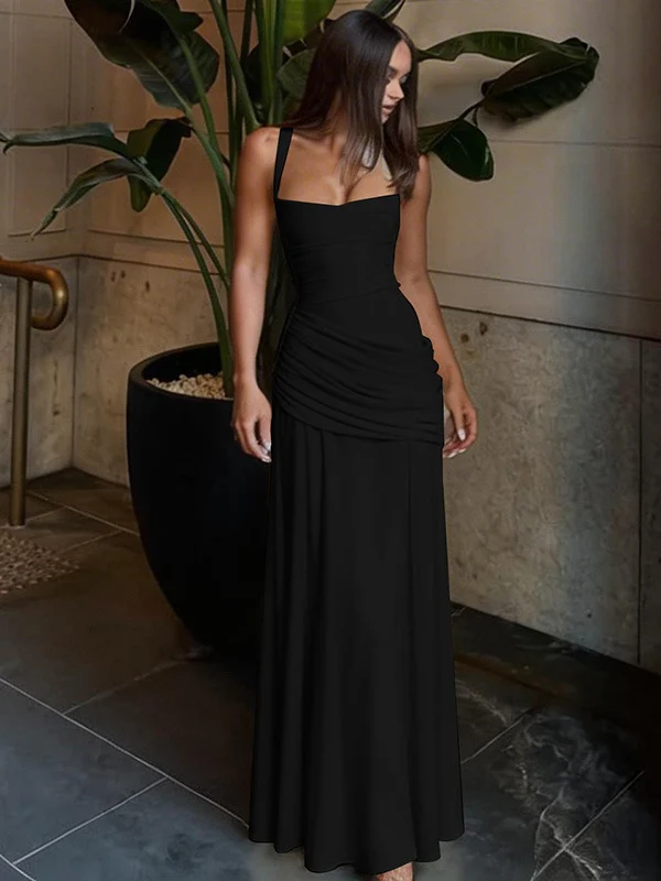 Solid Color Sleeveless Long Bodycon Dress With Back Tie Design - Image 44