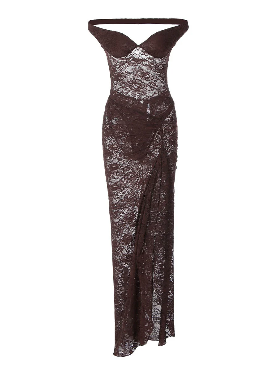 Two-piece Set: Patchwork Off-shoulder Backless Bodysuit With Sheer Lace Slit Maxi Skirt - Image 12