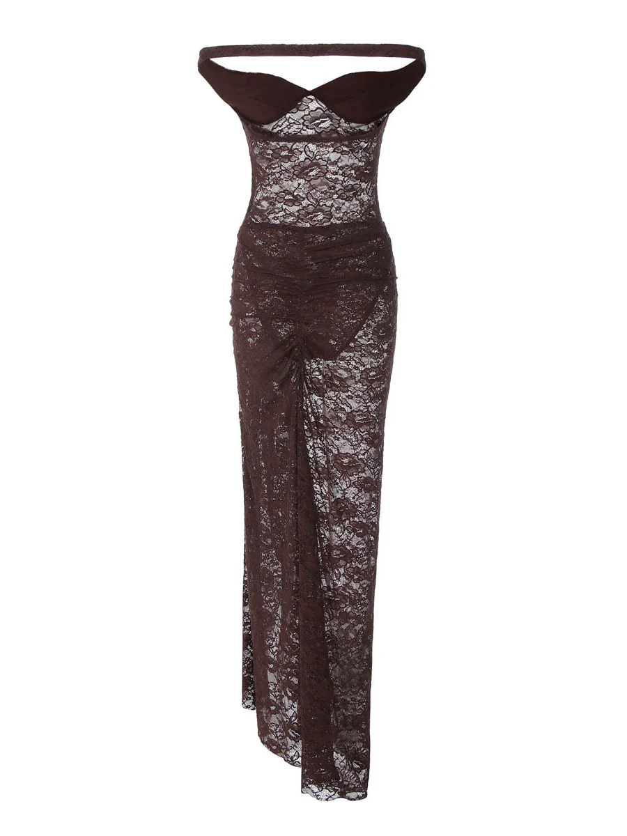 Two-piece Set: Patchwork Off-shoulder Backless Bodysuit With Sheer Lace Slit Maxi Skirt - Image 13