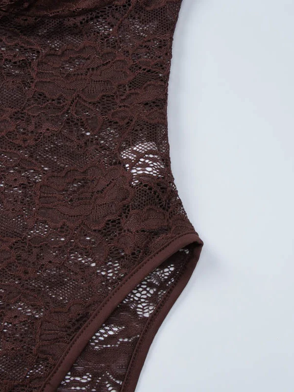 Two-piece Set: Patchwork Off-shoulder Backless Bodysuit With Sheer Lace Slit Maxi Skirt - Image 8