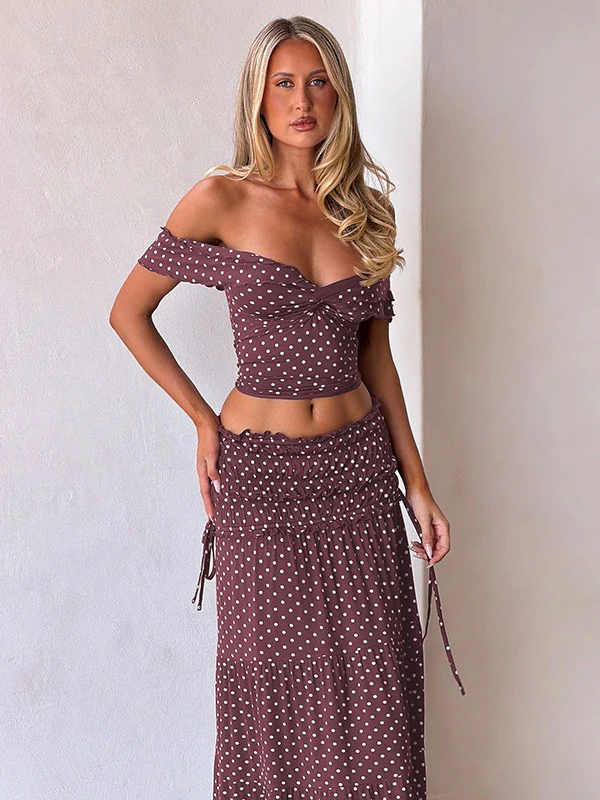 Two-piece Set: Raglan Strapless Top With Polka Dot Side Bow And Long Skirt - Image 10
