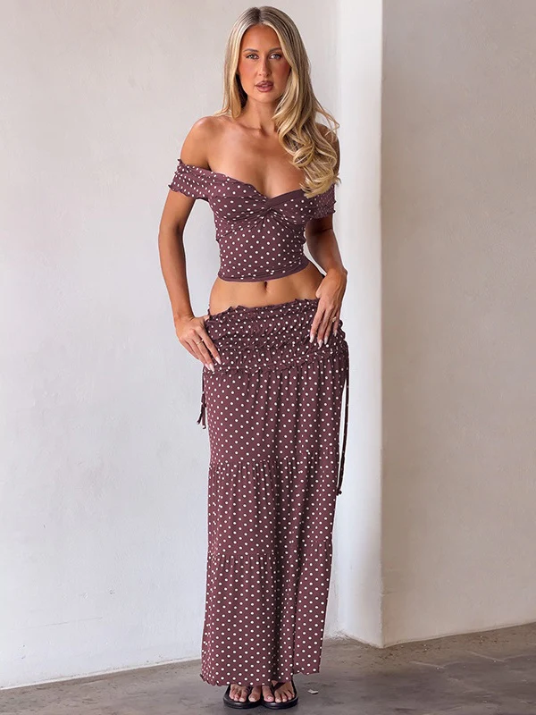 Two-piece Set: Raglan Strapless Top With Polka Dot Side Bow And Long Skirt - Image 11