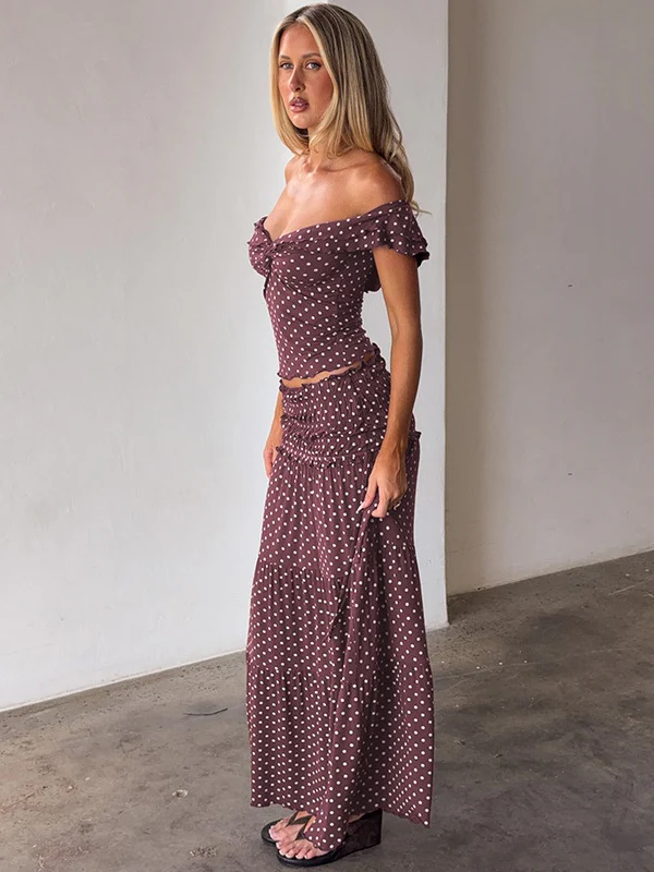 Two-piece Set: Raglan Strapless Top With Polka Dot Side Bow And Long Skirt - Image 12